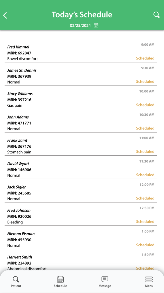 A screenshot of the Today's Schedule menu within the EndoVault® mobile app.