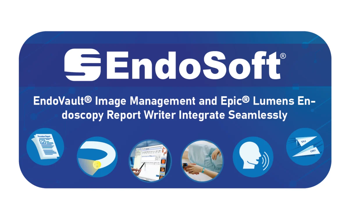 A graphic featuring a rounded square with the EndoSoft logo, the title of the case study, "EndoVault® Image Management and Epic® Lumens Endoscopy Report Writer Integrate Seamlessly", and a series of icons relating to EndoSoft offerings.