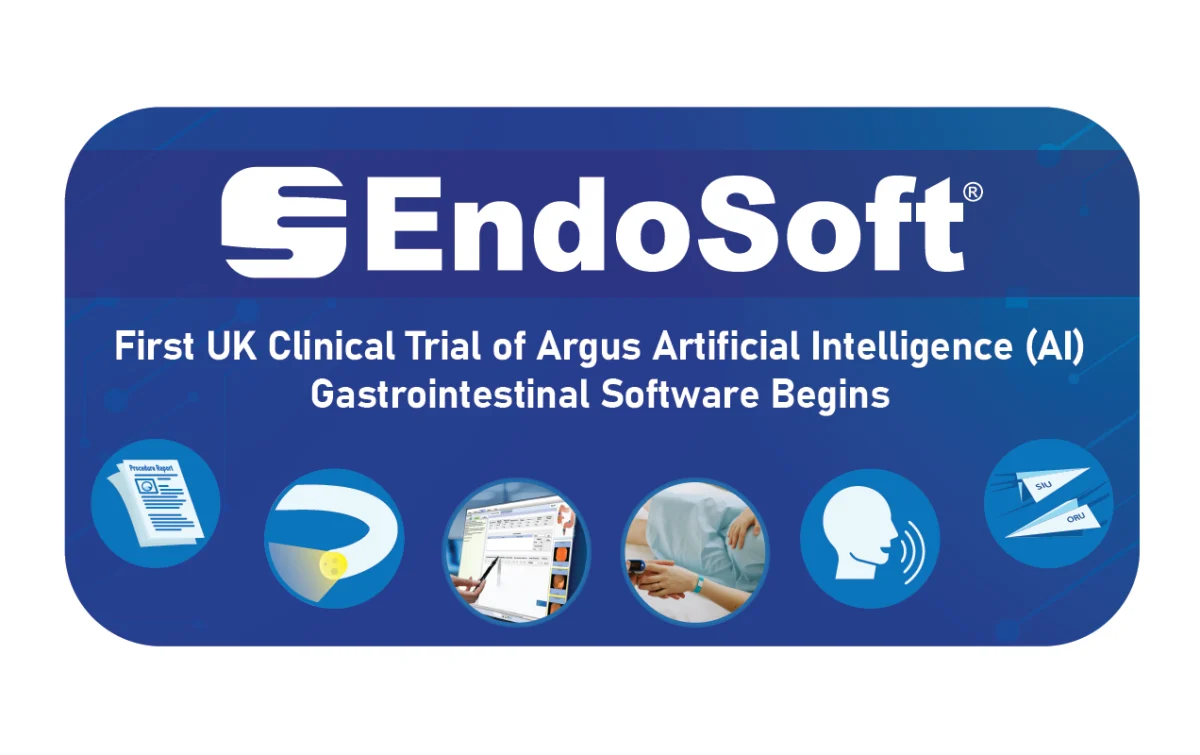 A graphic featuring a rounded square with the EndoSoft logo, the title of the case study, "First UK Clinical Trial of Argus Artificial Intelligence (AI) Gastrointestinal Software Begins", and a series of icons relating to EndoSoft offerings.