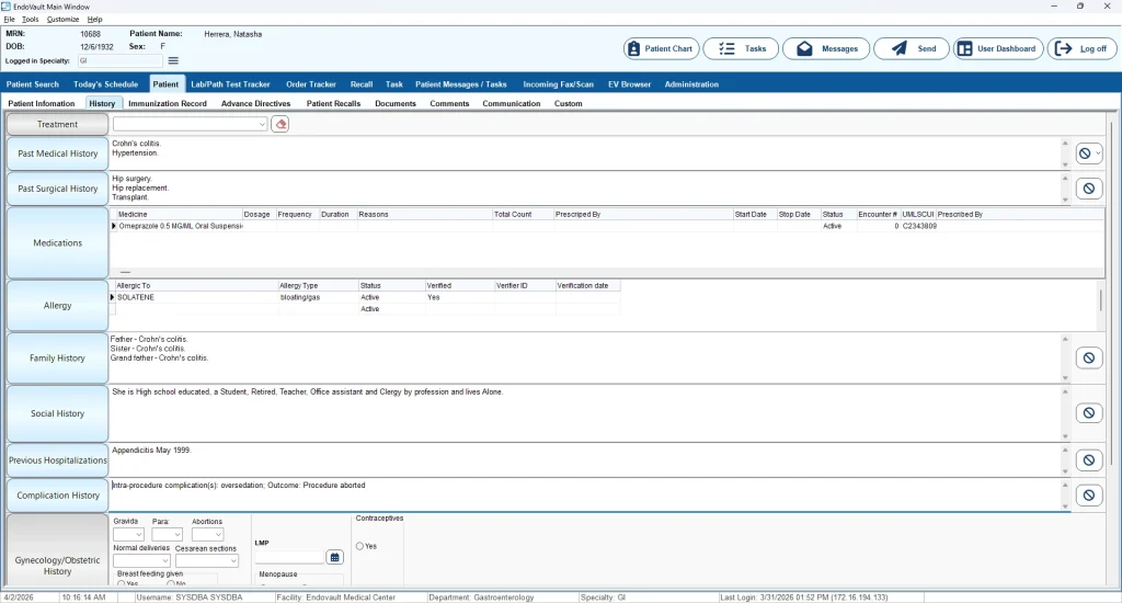 Medical reporting software interface from EndoSoft displaying patient history.