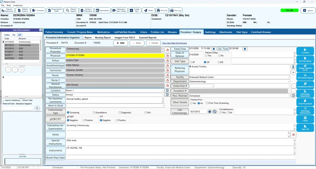 Electronic patient chart from EndoSoft displaying medical procedure details and patient information.