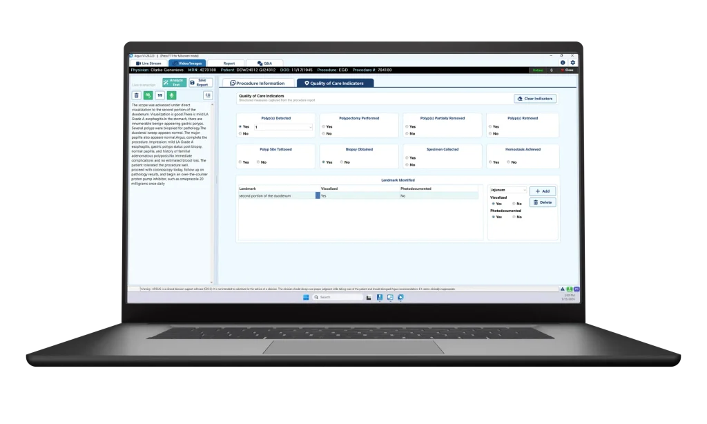 Argus ai for gastroenterology and quality care indicator reporting