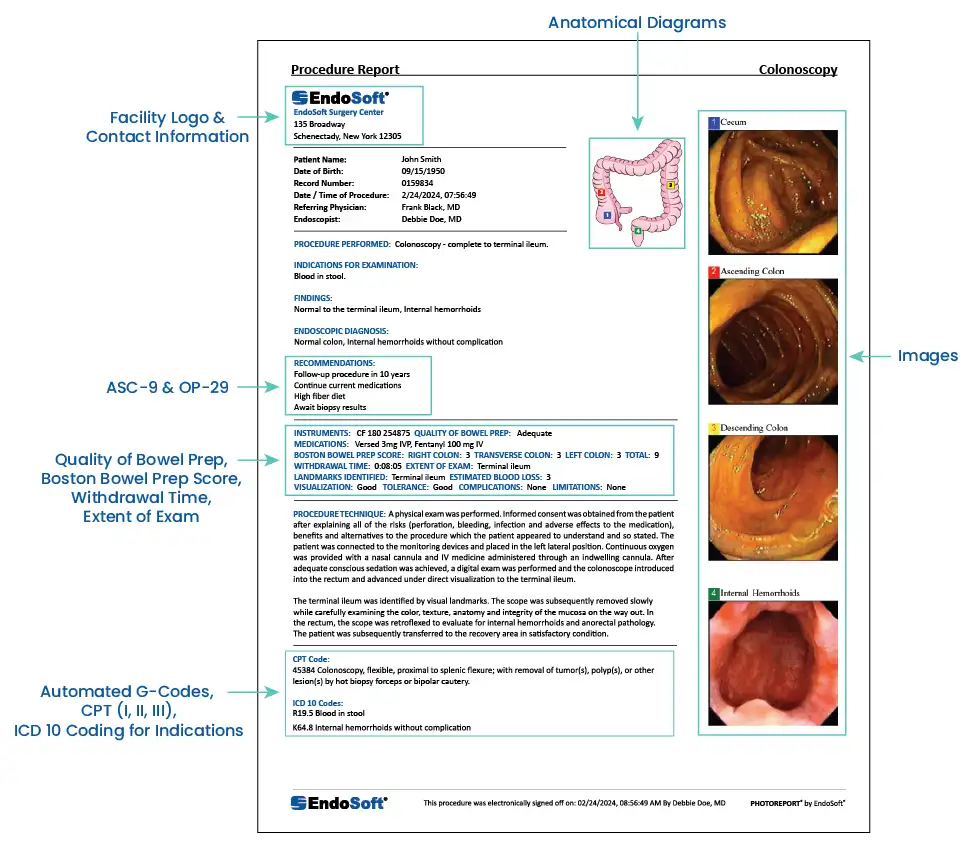 GI Procedure report example with labels of each section